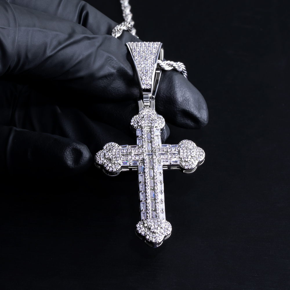 Micro Paved Baguette Cross Pendant in White Gold