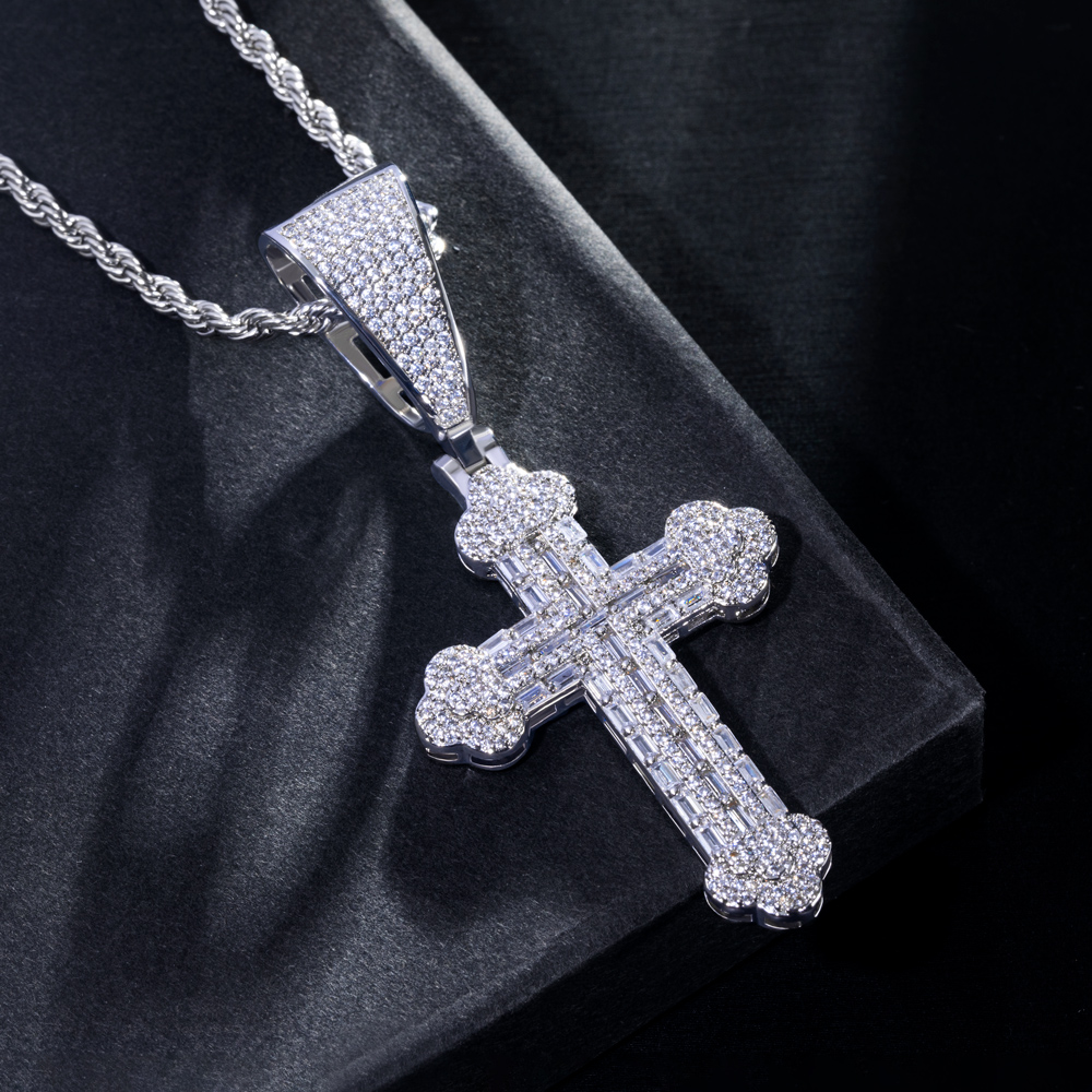 Micro Paved Baguette Cross Pendant in White Gold