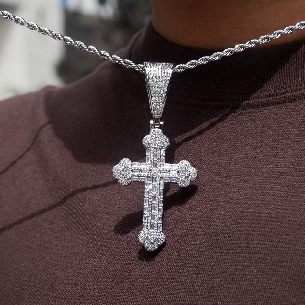 Micro Paved Baguette Cross Pendant in White Gold