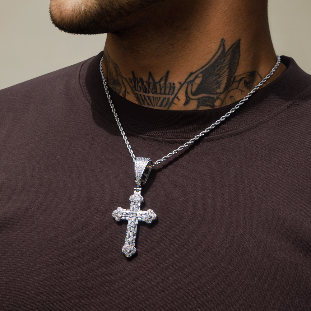 Micro Paved Baguette Cross Pendant in White Gold