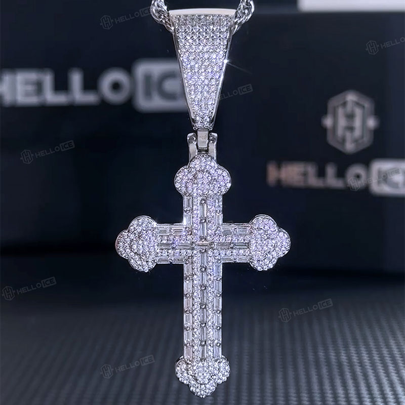 Micro Paved Baguette Cross Pendant in White Gold