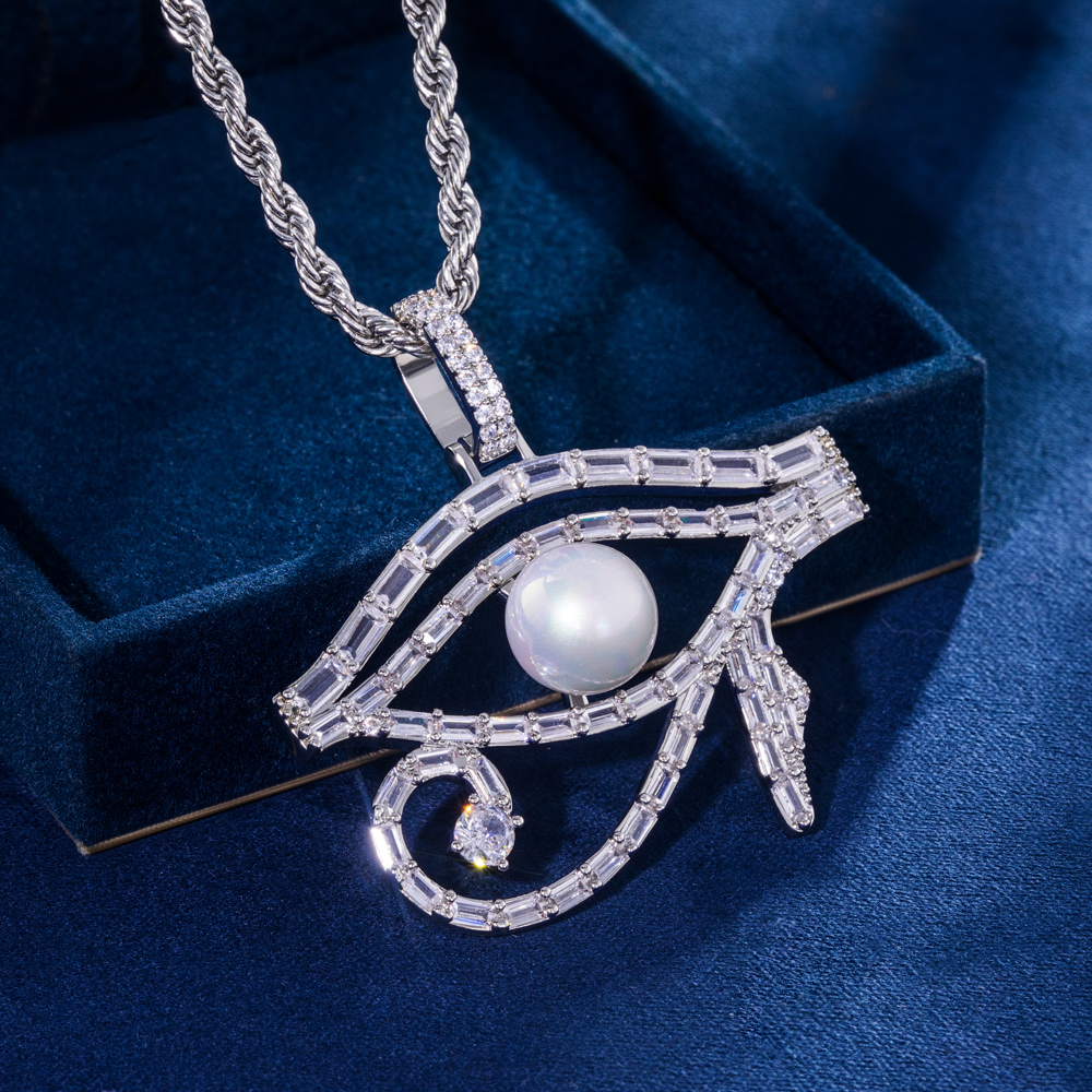 Micro Paved Baguette Pearl Egyptian Eye of Horus Pendant