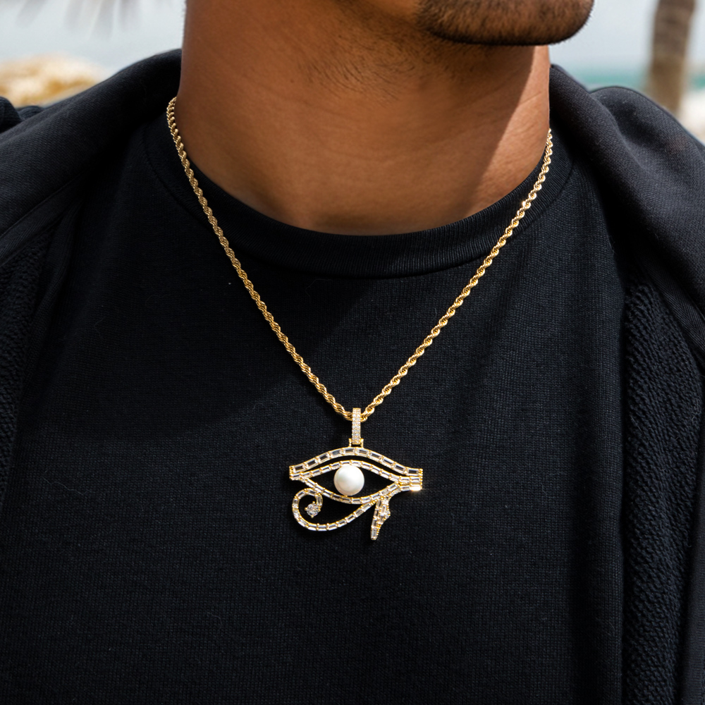 Micro Paved Baguette Pearl Egyptian Eye of Horus Pendant