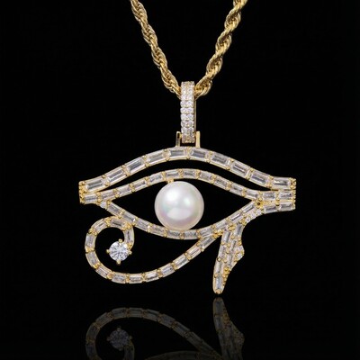 Micro Paved Baguette Pearl Egyptian Eye of Horus Pendant
