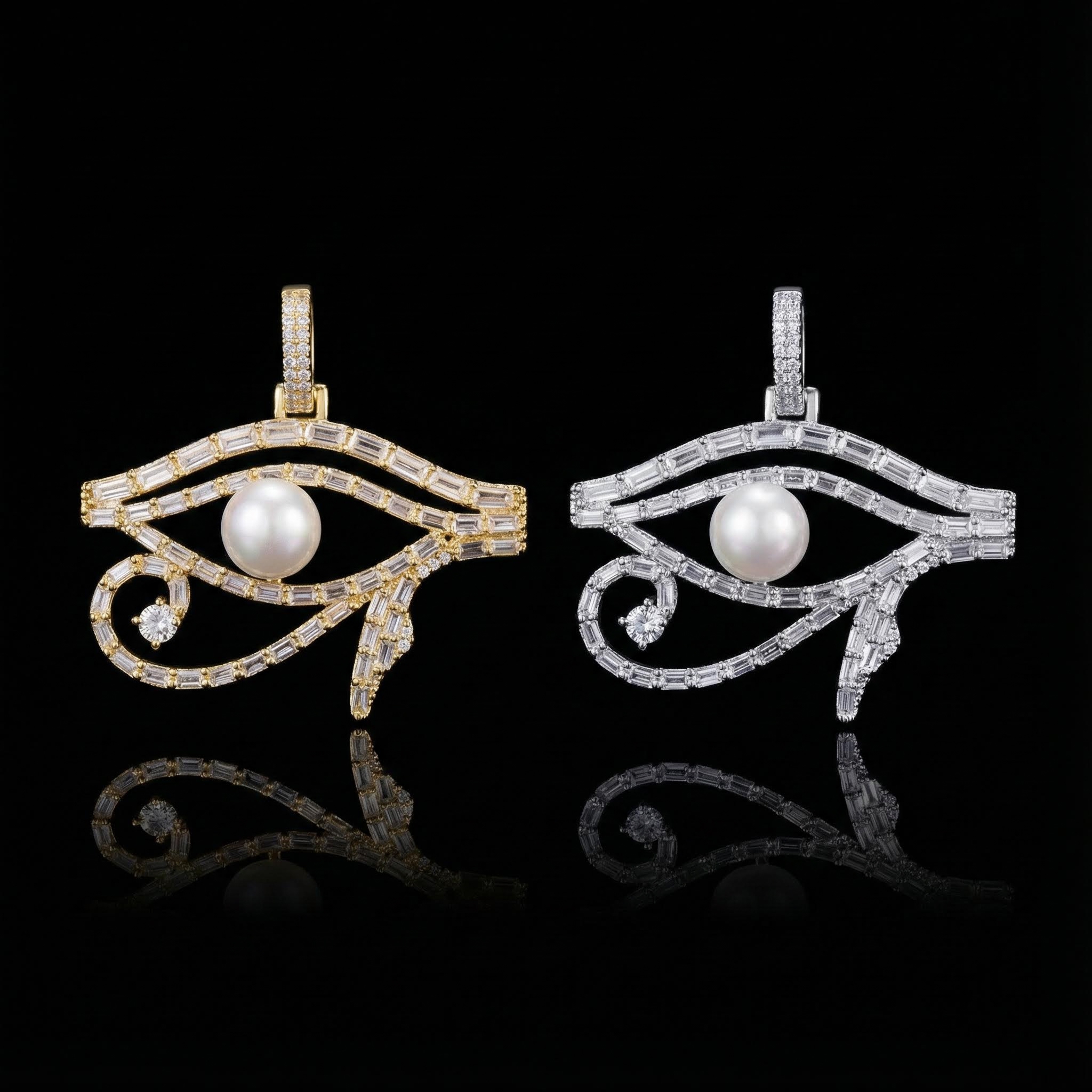 Micro Paved Baguette Pearl Egyptian Eye of Horus Pendant Micro Paved Baguette Pearl Egyptian Eye of Horus Pendant