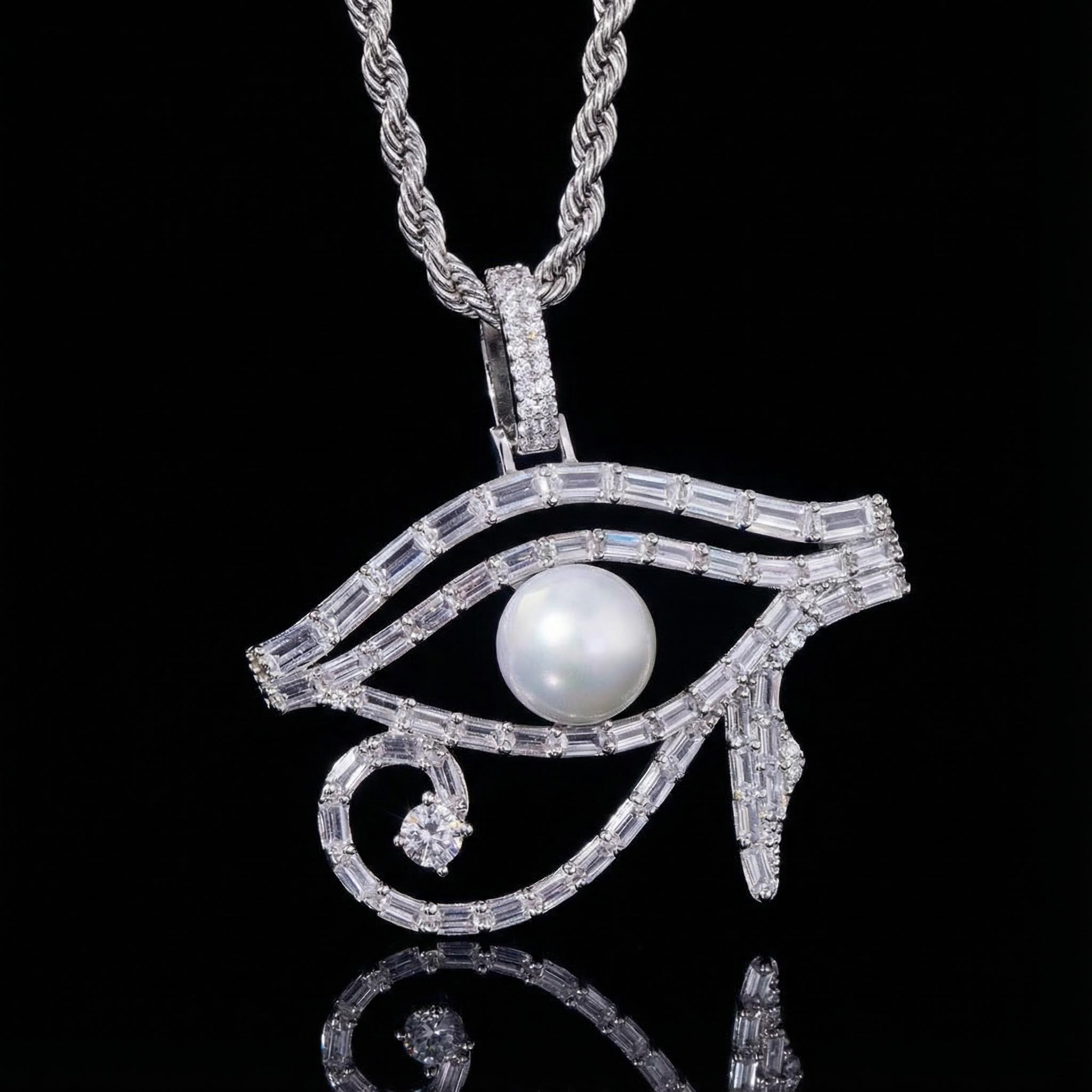 Micro Paved Baguette Pearl Egyptian Eye of Horus Pendant Micro Paved Baguette Pearl Egyptian Eye of Horus Pendant