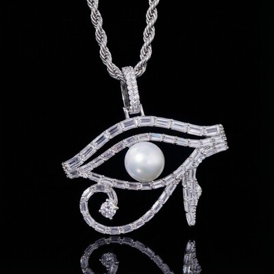 Micro Paved Baguette Pearl Egyptian Eye of Horus Pendant