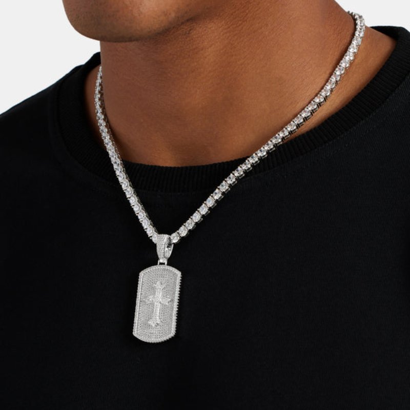 Iced Cross Dog Tag Pendant