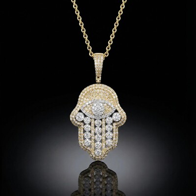 Iced Hand of Fatima Evil Eye Pendant