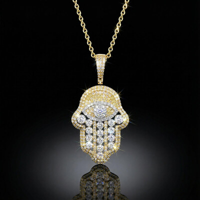 Iced Hand of Fatima Evil Eye Pendant