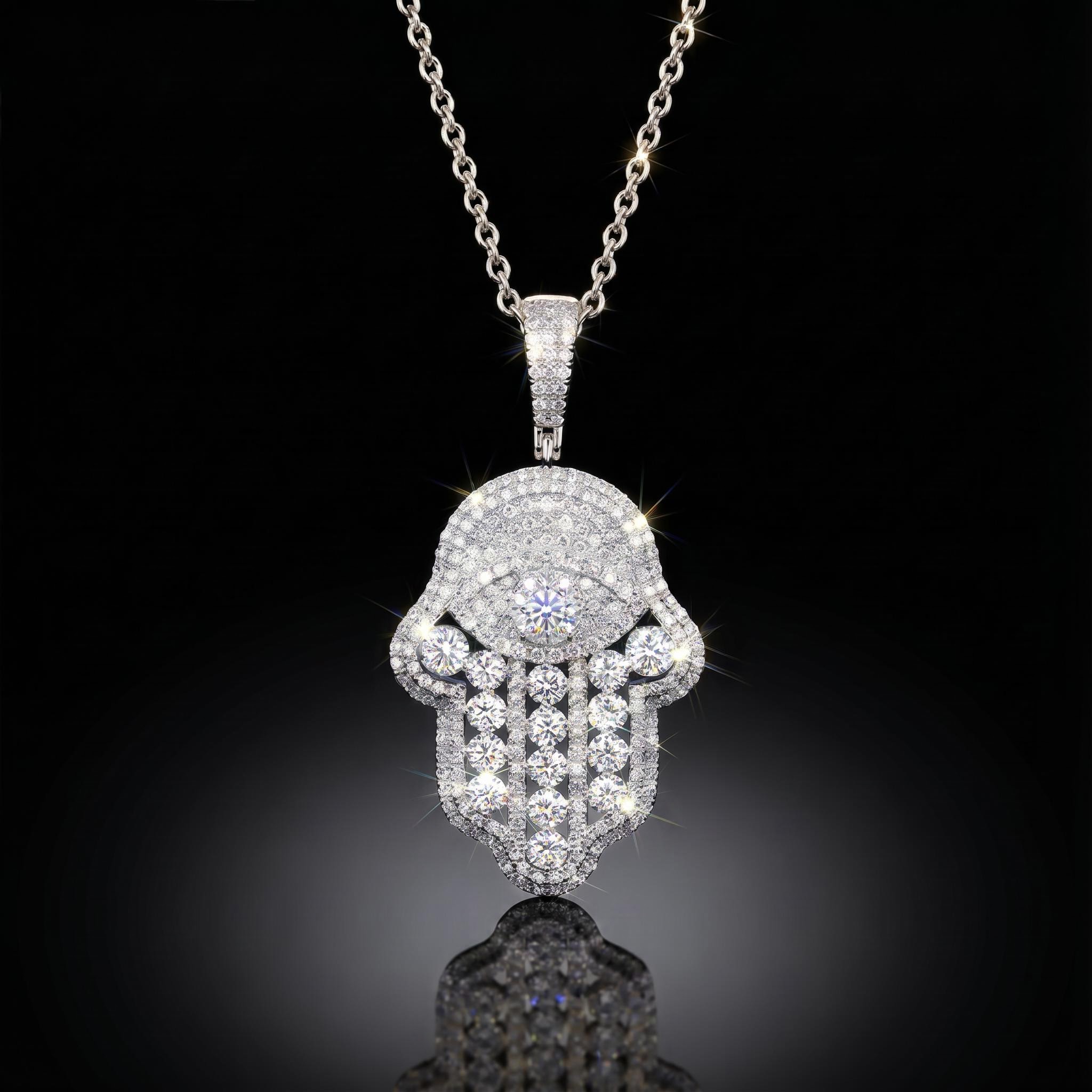 Iced Hand of Fatima Evil Eye Pendant