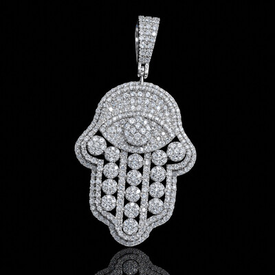 Iced Hand of Fatima Evil Eye Pendant