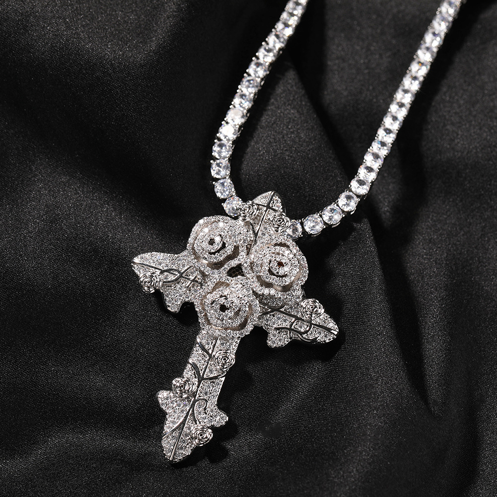 Iced Rose Cross Pendant