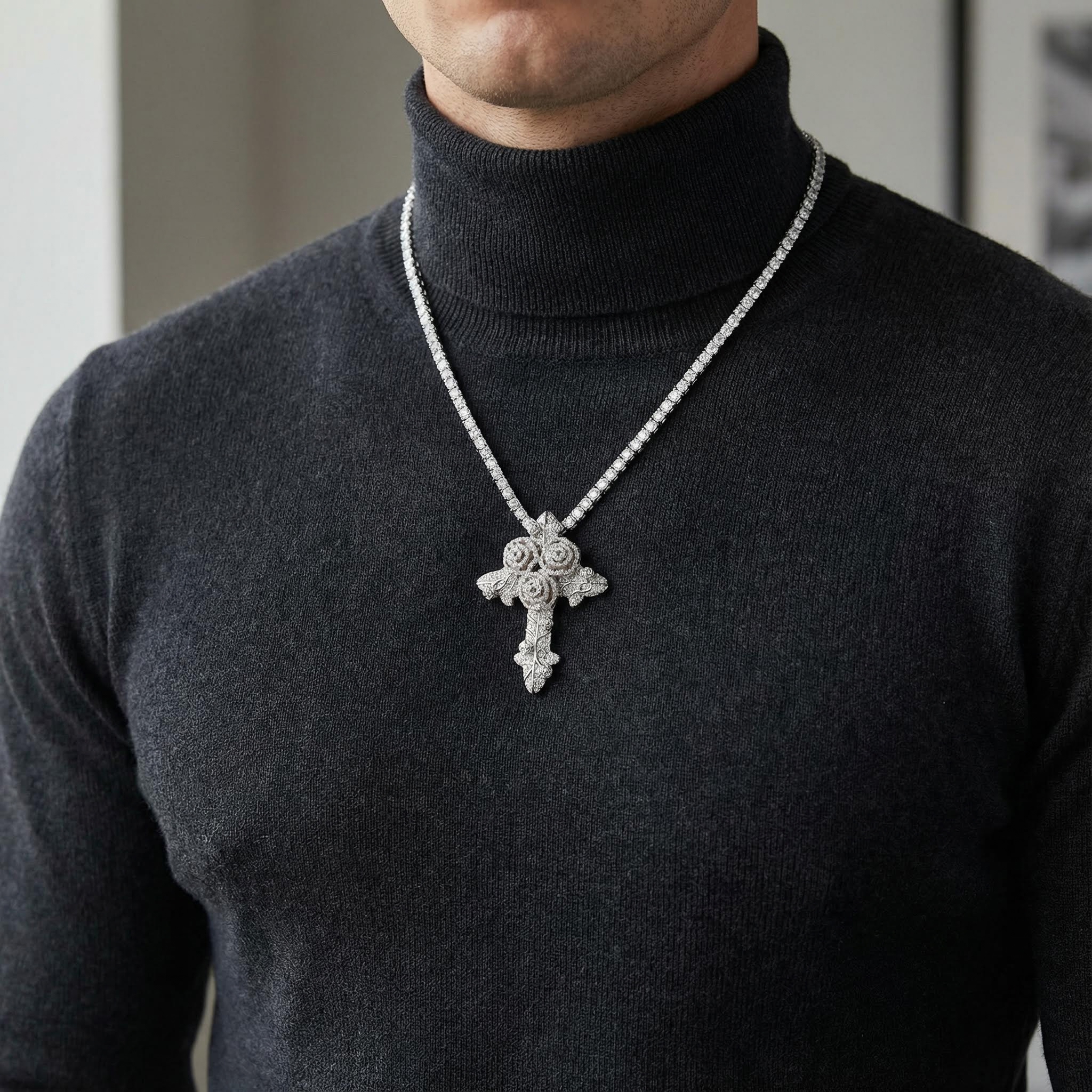 Iced Rose Cross Pendant