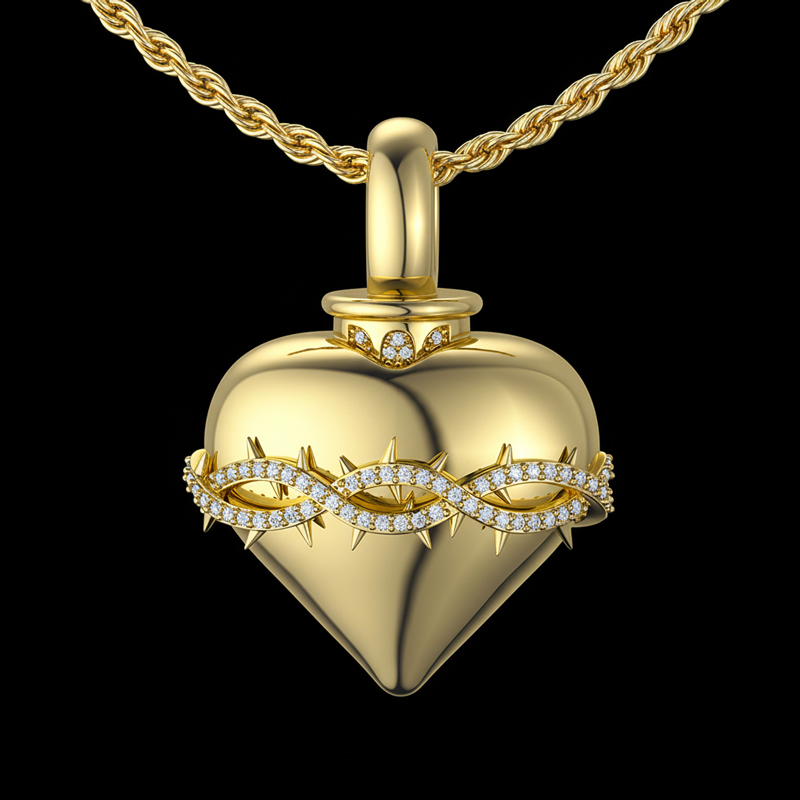 Iced Heart Thorns Urn Pendant in Gold