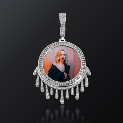 Iced Custom Water Drops Photo Pendant in Silver