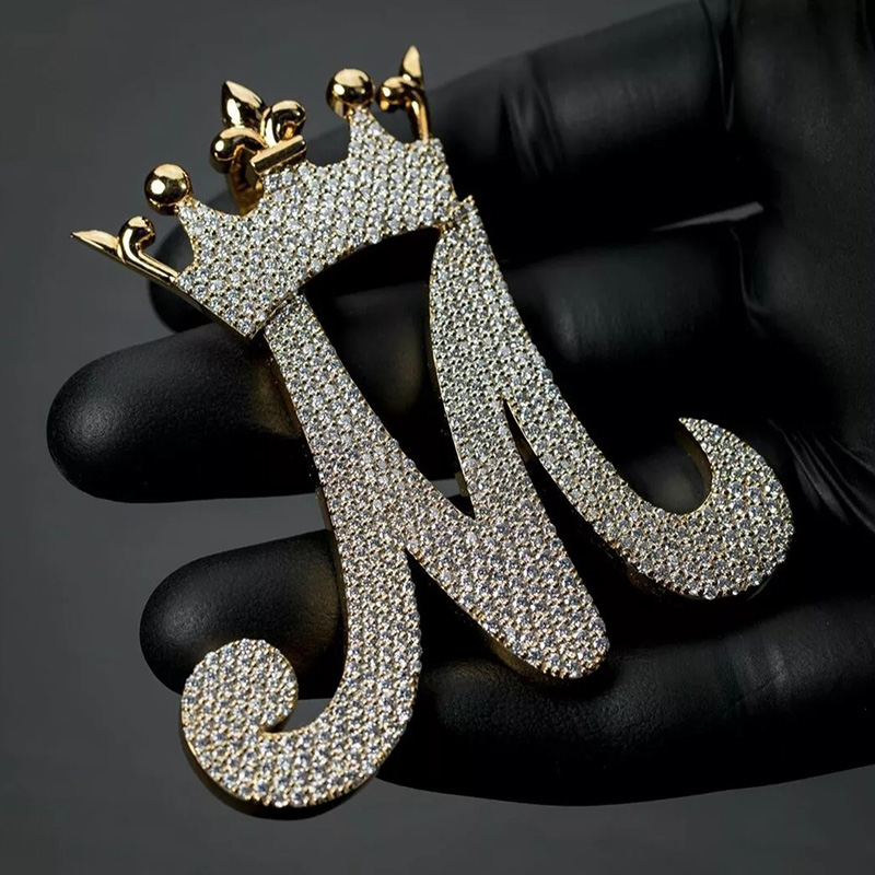 Iced Crown A-Z Capital Letter Pendant in Gold