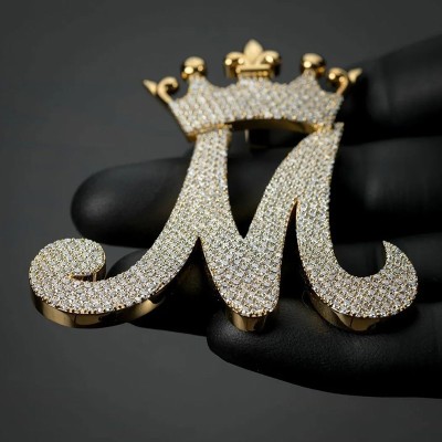 Iced Crown A-Z Capital Letter Pendant in Gold