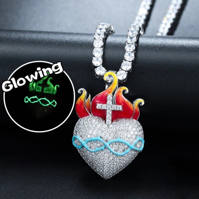 Iced Glowing Flame Heart Pendant