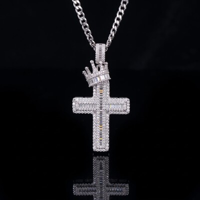 Iced Out Baguette Cut Royal Crown Cross Pendant