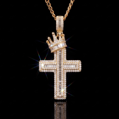 Iced Out Baguette Cut Royal Crown Cross Pendant