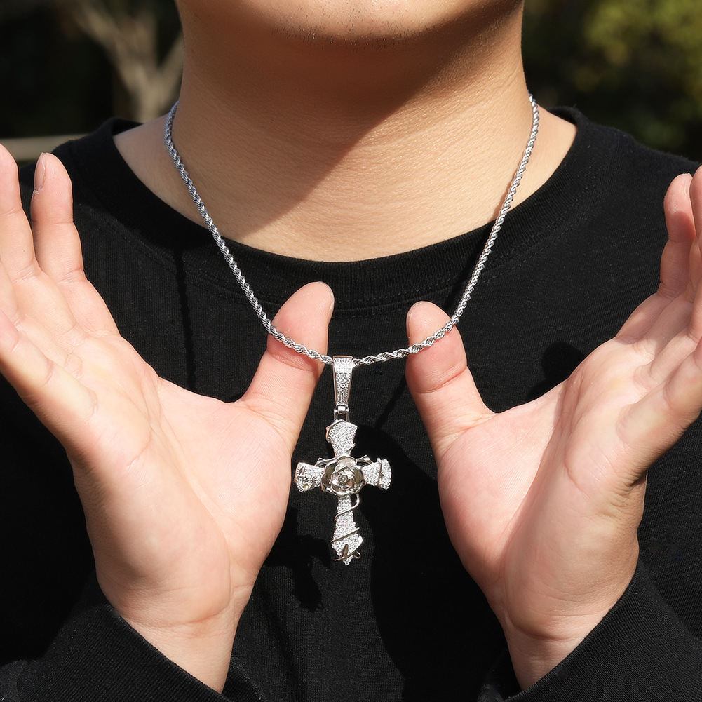 Iced Thorns Rose Cross Pendant