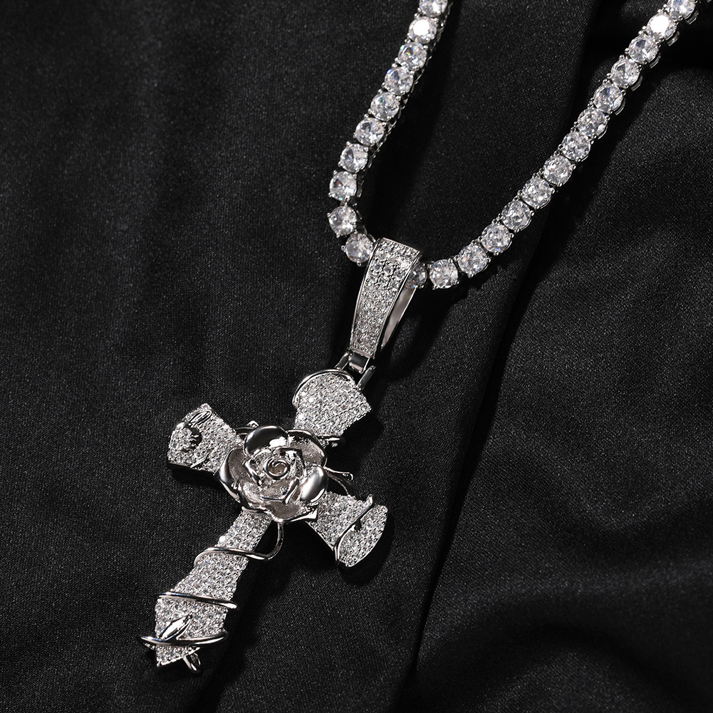 Iced Thorns Rose Cross Pendant