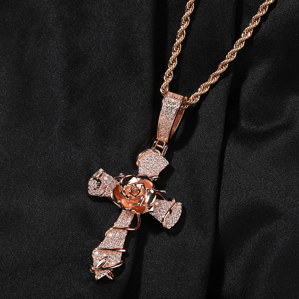 Iced Thorns Rose Cross Pendant