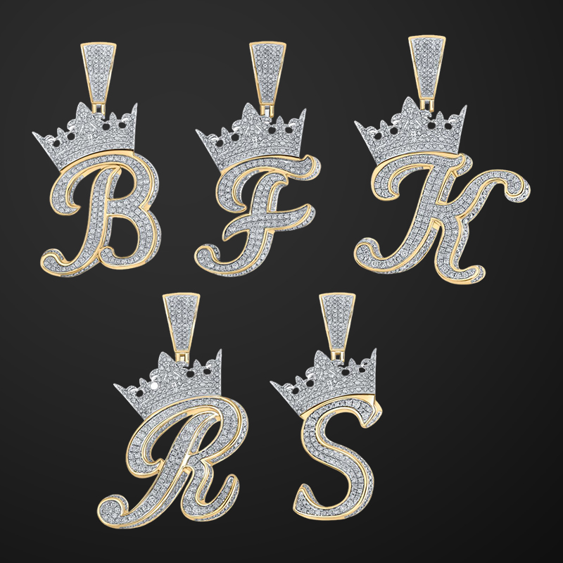 Iced A-Z Crown Cursive Letter Pendant