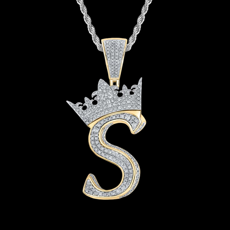 Iced A-Z Crown Cursive Letter Pendant