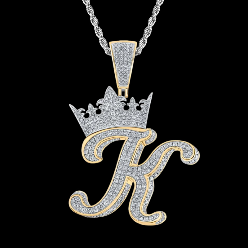 Iced A-Z Crown Cursive Letter Pendant