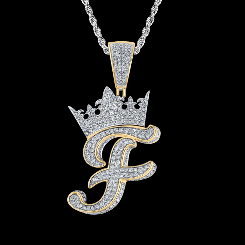 Iced A-Z Crown Cursive Letter Pendant