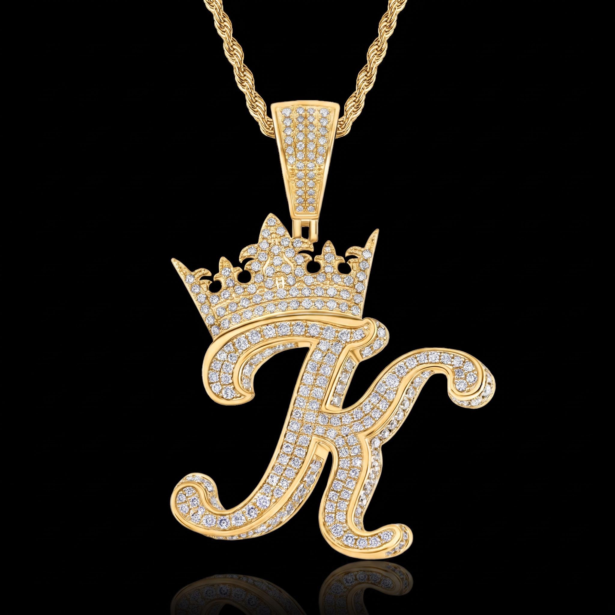 Iced A-Z Crown Cursive Letter Pendant