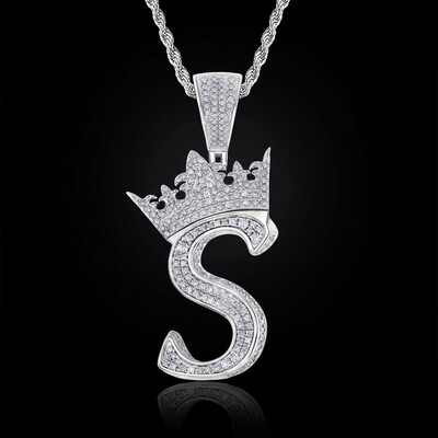 Iced A-Z Crown Cursive Letter Pendant