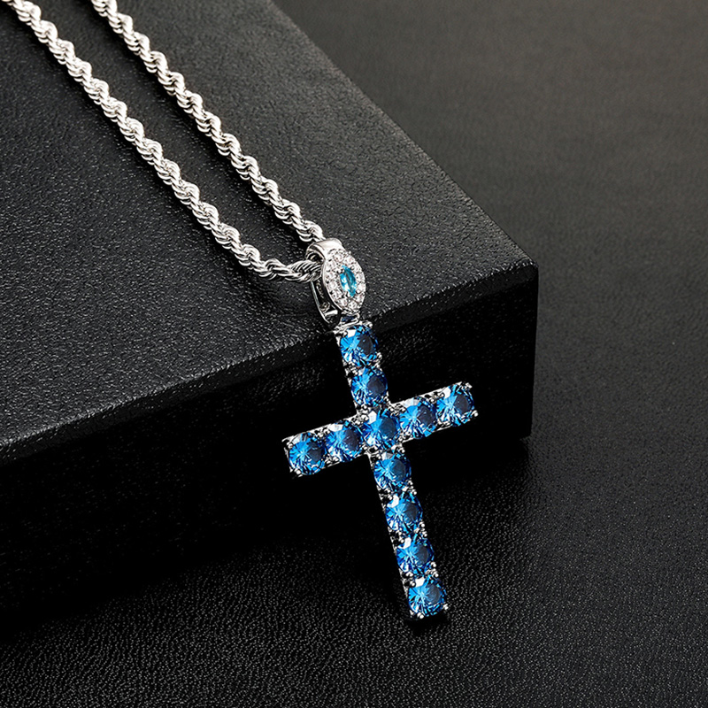 Iced Oval Clasp Blue Cross Pendant