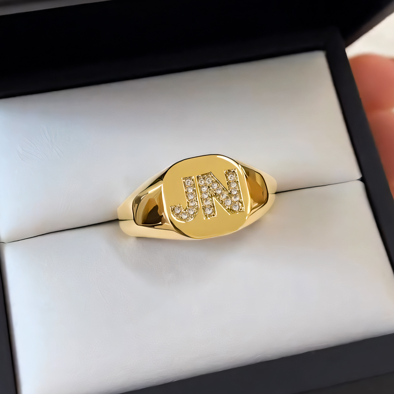 Iced Initial Letter Signet Ring in Gold