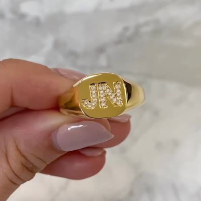Iced Initial Letter Signet Ring in Gold