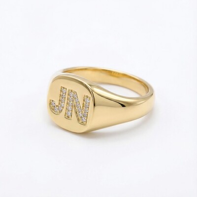 Iced Initial Letter Signet Ring in Gold