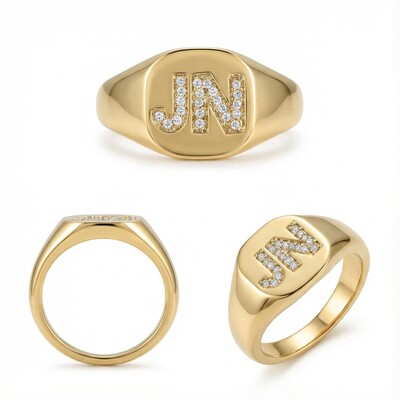 Iced Initial Letter Signet Ring in Gold