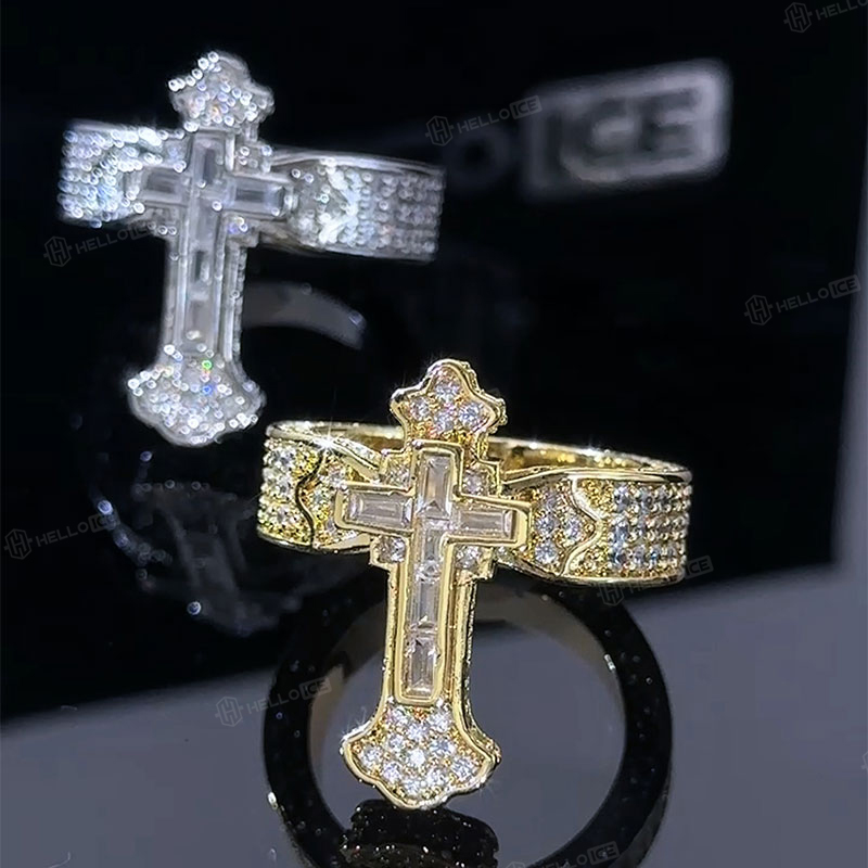 Fully Iced Baguette Cut Cross Ring