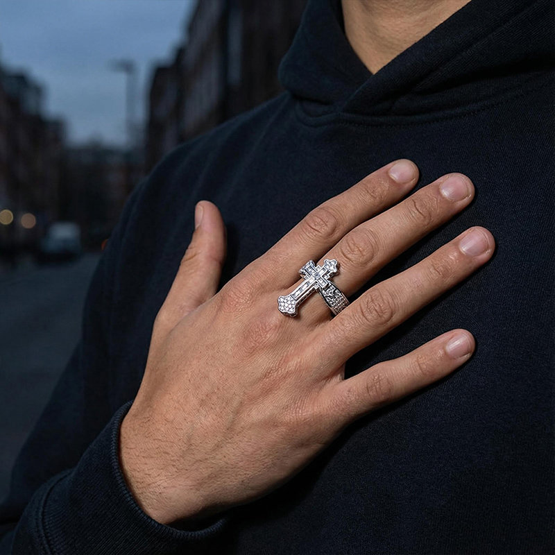 Fully Iced Baguette Cut Cross Ring