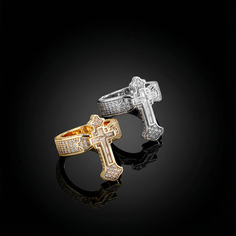 Fully Iced Baguette Cut Cross Ring