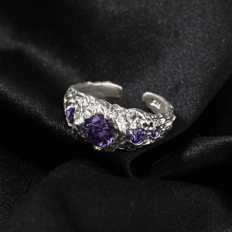 S925 Sterling Silver Purple Stone Irregular  Open Ring