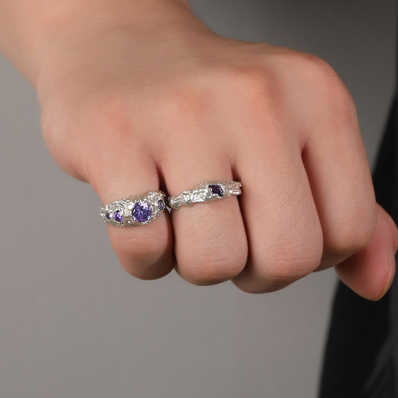 S925 Sterling Silver Purple Stone Irregular  Open Ring