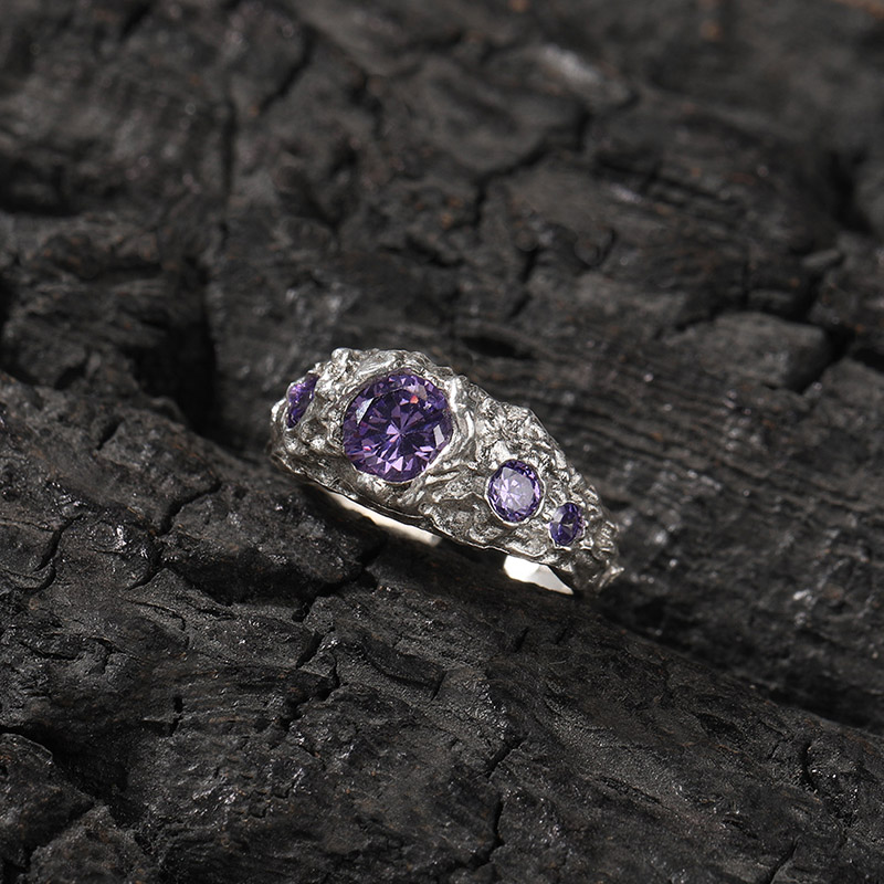 S925 Sterling Silver Purple Stone Irregular  Open Ring