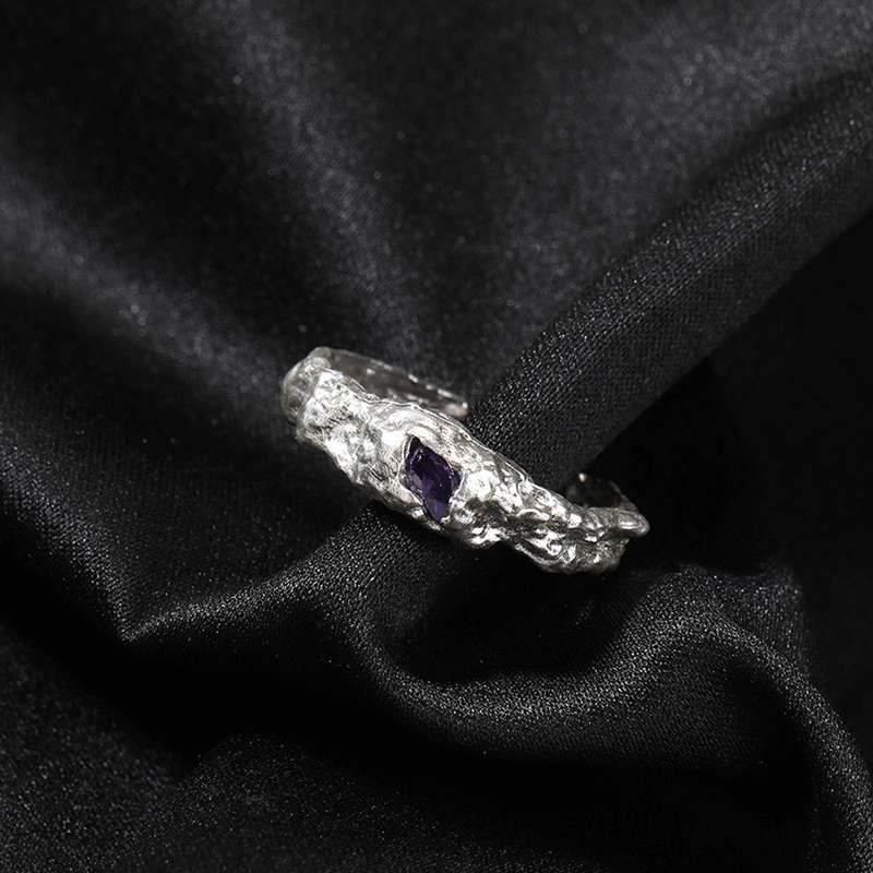 S925 Sterling Silver Purple Stone Irregular  Open Ring