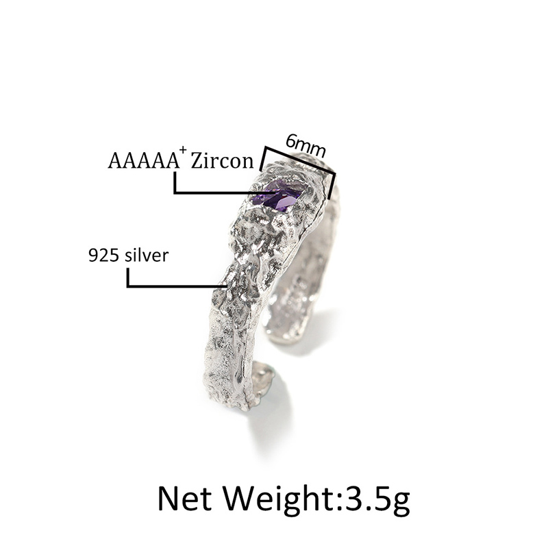 S925 Sterling Silver Purple Stone Irregular  Open Ring