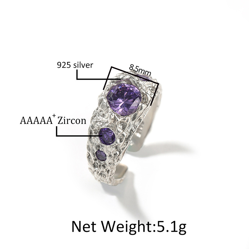 S925 Sterling Silver Purple Stone Irregular  Open Ring