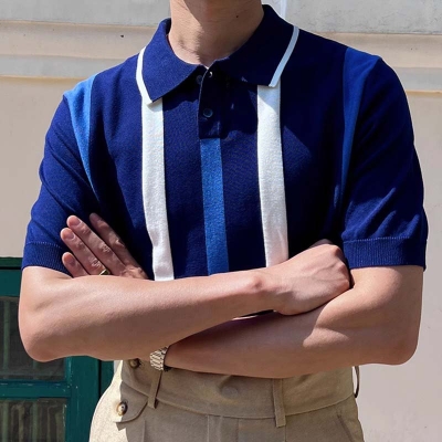 Striped Patchwork Knit Polo Shirt
