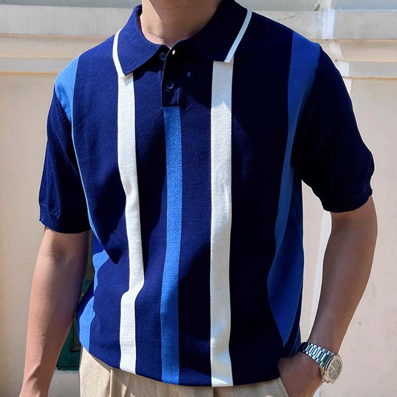 Striped Patchwork Knit Polo Shirt